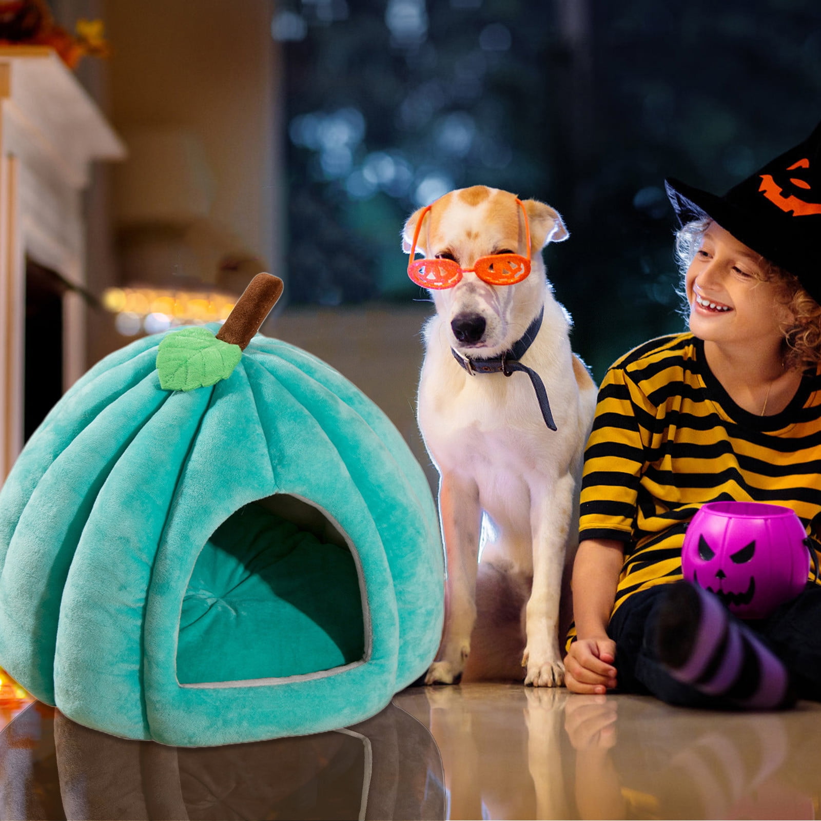 Cute Cat Bed for Indoor Cats, Pumpkin Style Cat Cave Bed Pet Tent Cat House with Removable Cushion Pillow, Soft Semi-Closed Pumpkin Shape Pet Bed for Small, Medium Dogs and Cats