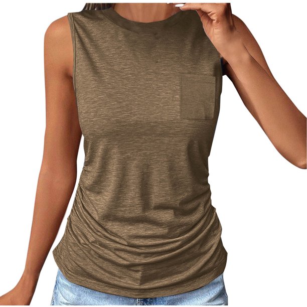 Blusas para las Mujeres Casual Verano Color Sólido Cuello Redondo Bolsillo sin Mangas Tanque Blusa, Poliéster Casual Top, Lavado de Manos