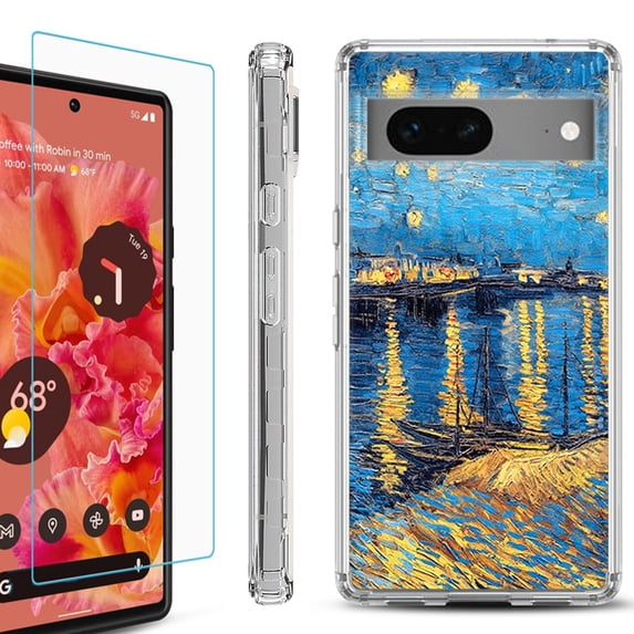 Shockproof Bumper Phone Case for Google Pixel 7, with Tempered Glass Screen Protector, by OneToughShield ® - Starry Night Rhone