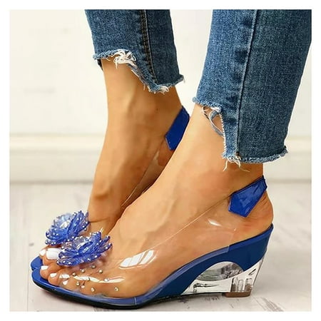 

Studded Flower Design Transparent Sandals See-Through Rhinestone Wedge Heel Sandals Lady\ s Casual Shoes