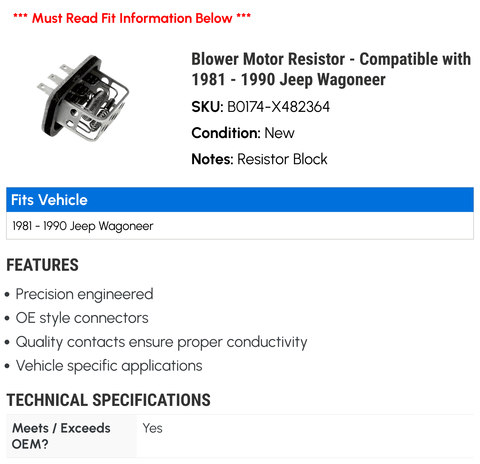 Blower Motor Resistor - Compatible with 1981 - 1990 Jeep Wagoneer 1982 1983 1984 1985 1986 1987 1988 1989