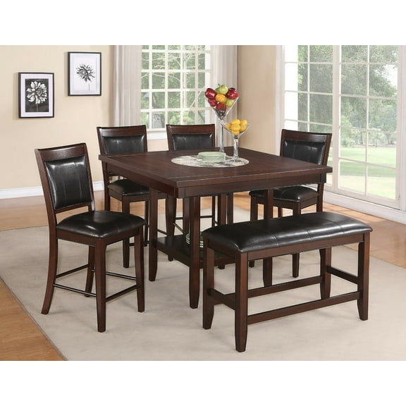 Glamorous Style Counter Height 6-pc Dining Table Bottom Shelf Side Chairs & Bench Dining Set