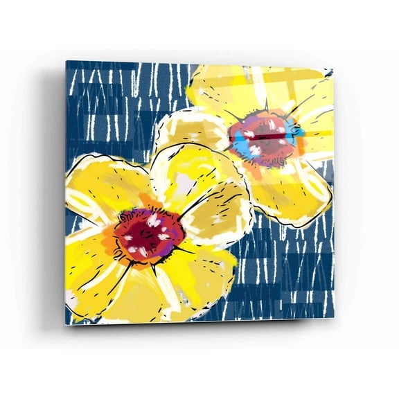 Epic Art 'Yellow Poppies on Blue' by Linda Woods, Acrylic Glass Wall Art, 12"x12"
