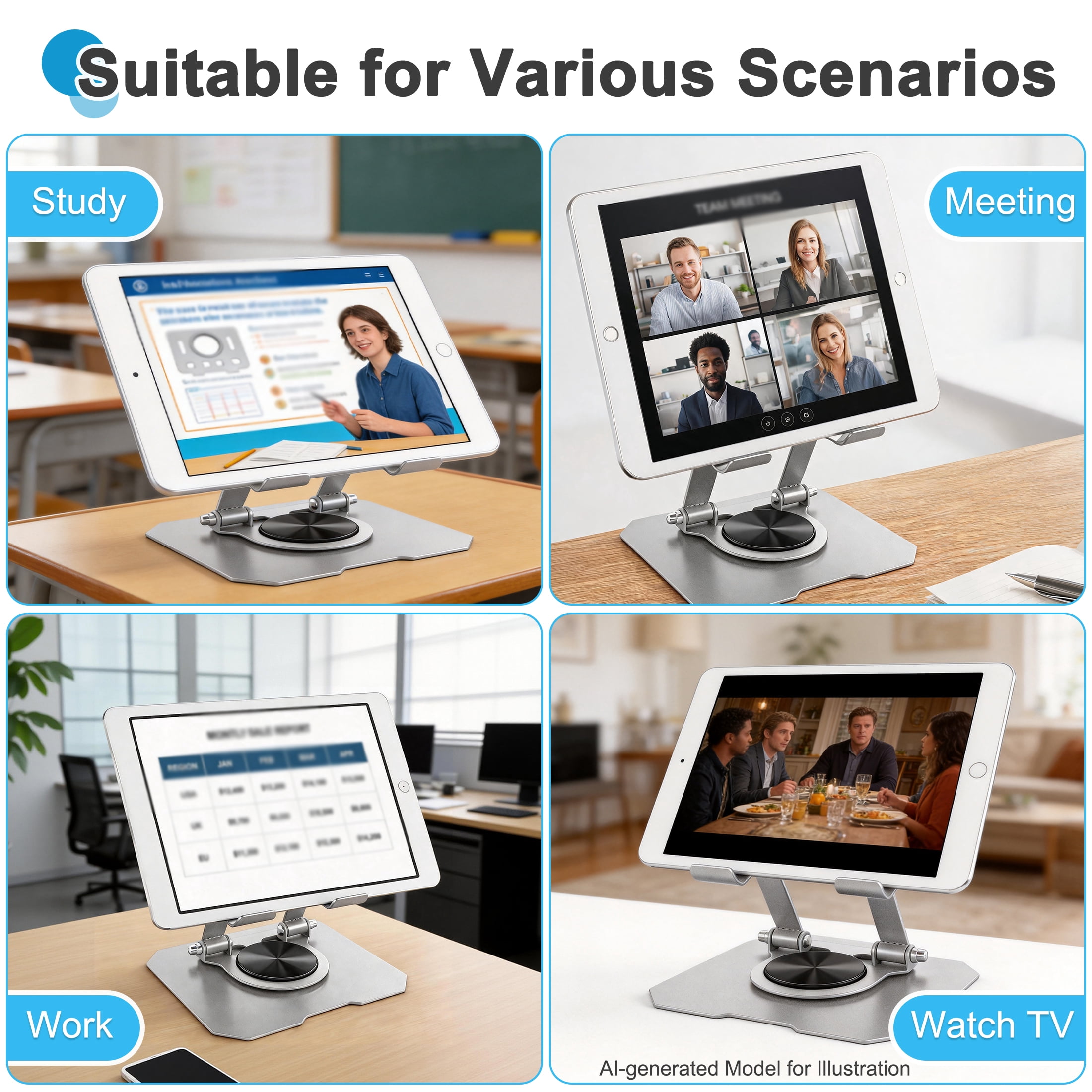 360° Rotating Tablet Stand, Universal Foldable Aluminum Alloy Tablet Holder, Height Angle Adjustable Desktop Tablet Mount, Multi‑Angle Stand for Tablet Phone