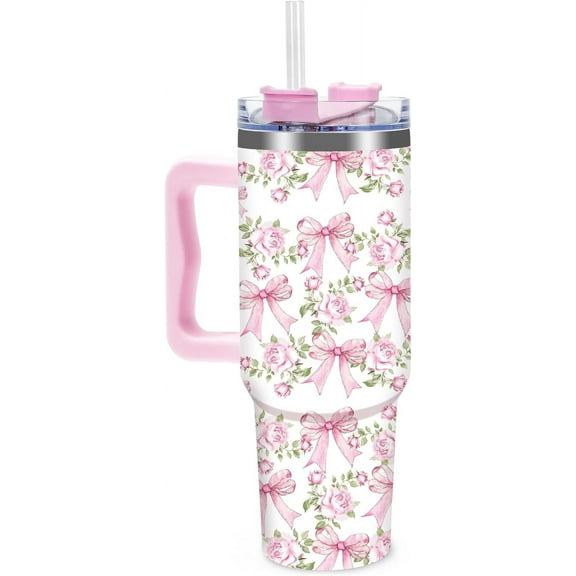 40Oz Bow Floral Tumbler with Straw & Lid Pink Bowknot Flower Travel Coffee Tumbler Cup with Handle for Spring Party Favor Supplies