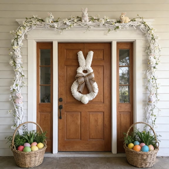 Rabbit Shaped Easter Wreath for Front Door, Cute White Chunky Knit Door Sign Aesthetic Bow Wall Window Door Wreath for Home Party Festival Holiday Decoration(Design F)