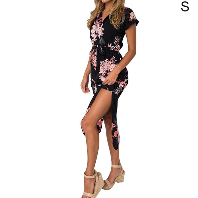 Vestido largo con estampado floral Vestido de fiesta dividido de cintura alta con cuello en V sexy, Negro, S Advancent AP001373-06