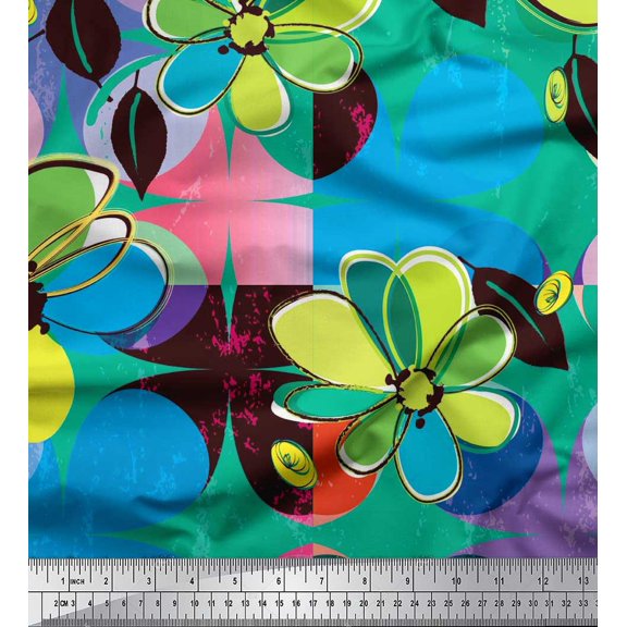 Soimoi polyester Crepe Fabric Colorful Flowers Clip Art Printed Fabric 1 Yard 42 Inch Wide