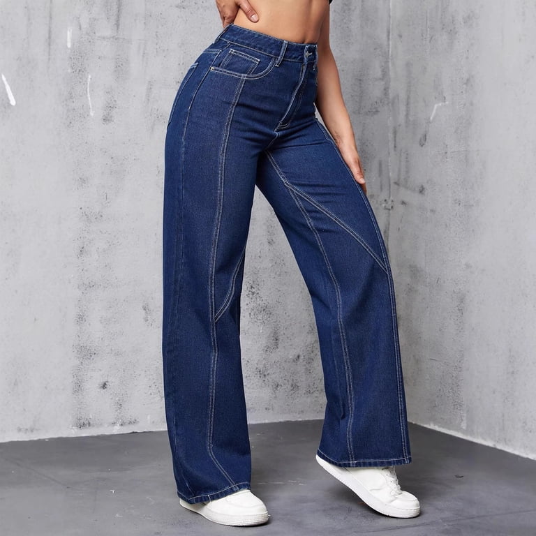 2026 New Women's High Waist Dark Blue Wide Leg Jeans, Contrast Stitch ...