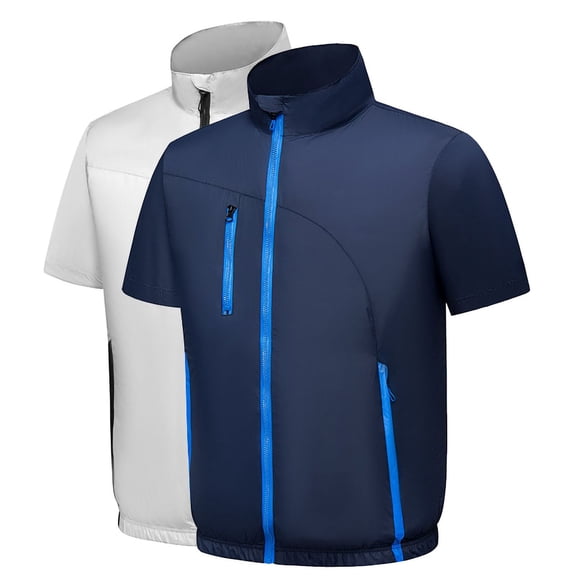 Men's Air Conditioning Suit Nylon Spandex Short Sleeve Cooling Fan Suit Stand Up Collar Zip Top Sun Protection Quick Dry Breathable Outdoor Summer Hiking Fishing Travel Work
