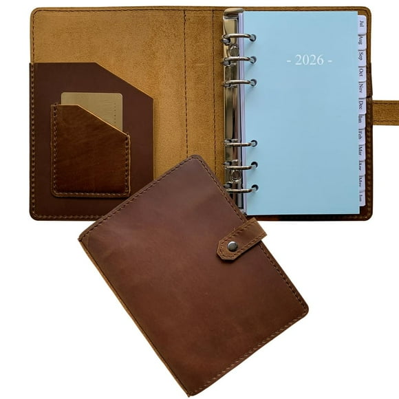2026 Weekly Leather Planner - A6 Genuine Leather Binder Planner for Men and Women, Inner Pockets and Pen Holder, Personal Size