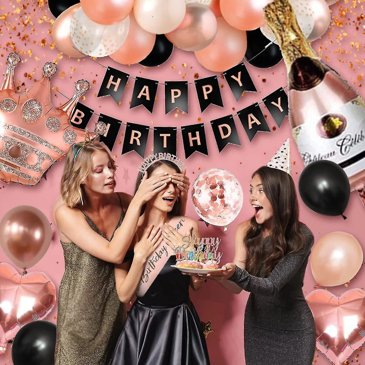 Décorations De Fête 50e Anniversaire Noir Et Or Rose – Bannière « Happy Birthday », Ballons D'anniversaire, Rideaux à Franges, Nappe, Décoration De Gâteau à Suspendre, Tourbillons Pour Femme