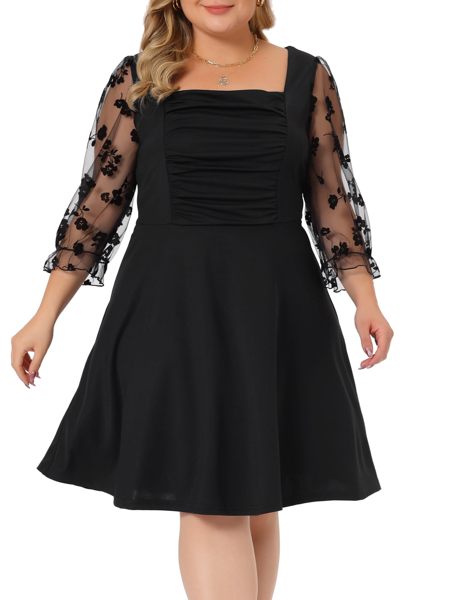 DARING DIVA Plus Women's Size Square Neck Floral Mesh Long Sleeves Dress 3X Black