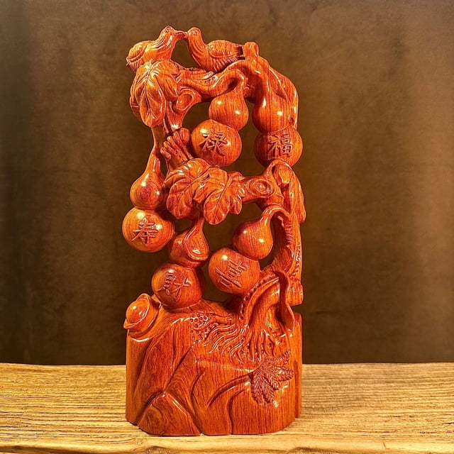 Rosewood carved "Five Blessings" ornament, large solid wood gourd, home decoration, housewarming gift, mahogany craft.