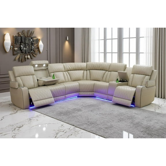 Power Reclining Sectional Sofa Set with LED,  USB Port & Storage for Living Room, Beige Breathing Leather