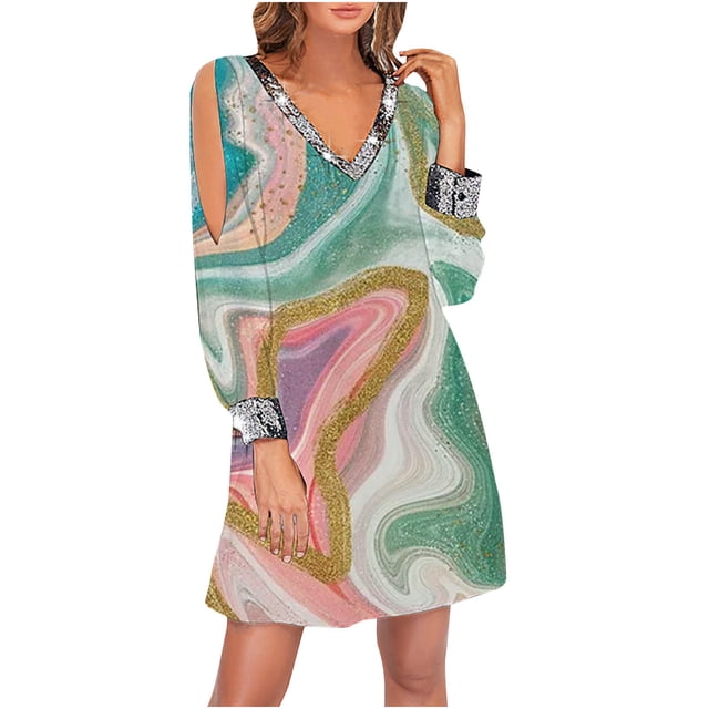Moda mujer Casual Sexy vestidos estampados verano manga larga cuello en V Mini vestido Fridja yut3865