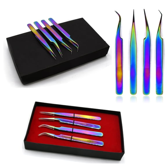 OdontoMed2011 Rainbow Stainless Steel Tweezers Kit Precision Tweezers Set For Eyelash Extension Facial Hair Eyebrows Nail Art, 4 PCS