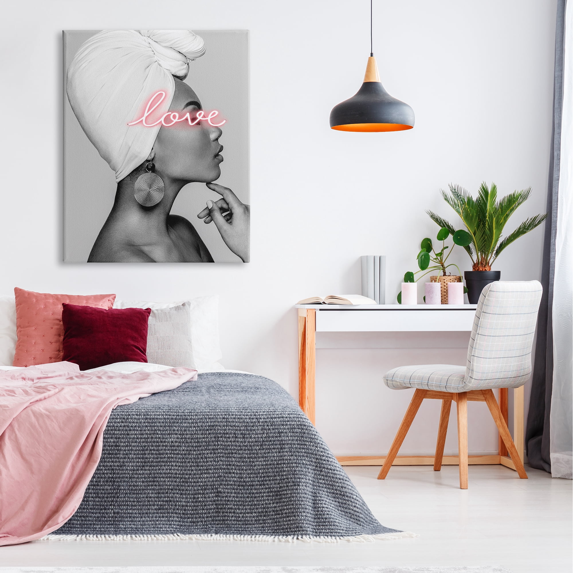 Stupell Industries Woman Portrait Pink Love Phrase Typography Painting Gallery Wrapped Canvas Print Wall Art, 36 x 48