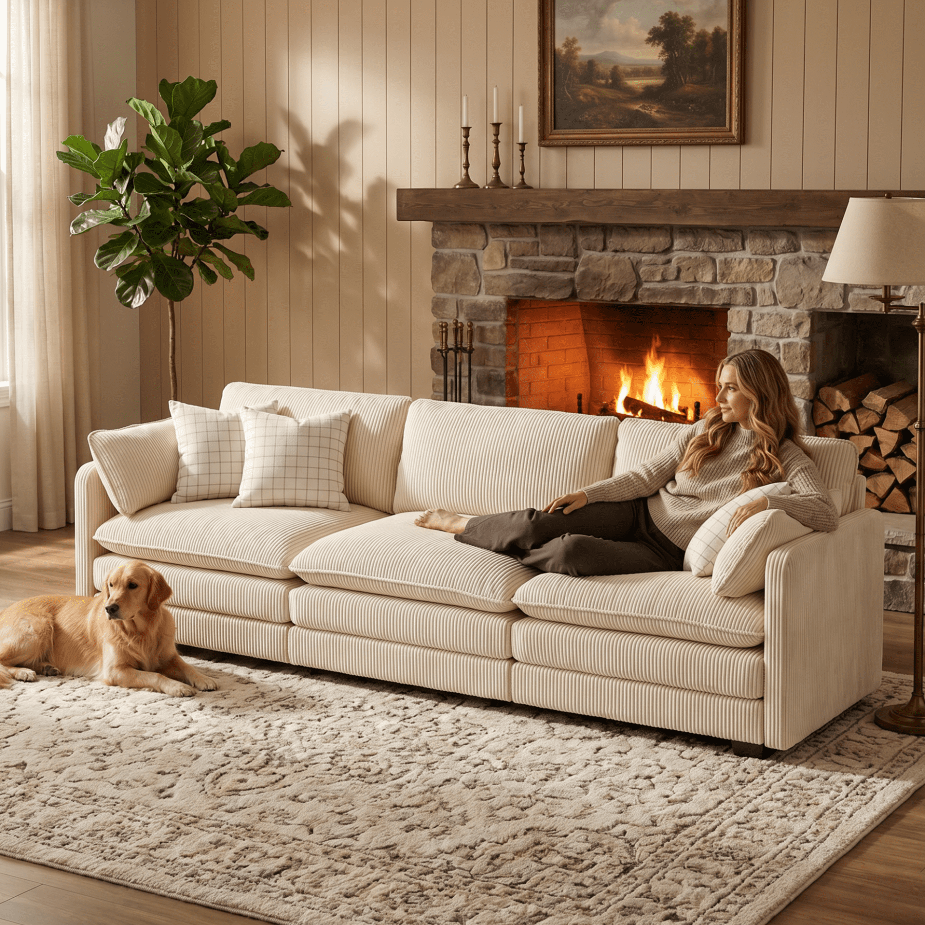 110" Cloud Couches for Living Room, Noelse 3 Seater Cloud Sofa with Double Layer Cushion and Deep Seat, Cream Couch with Washable Cover, Corduroy Fabric, Beige