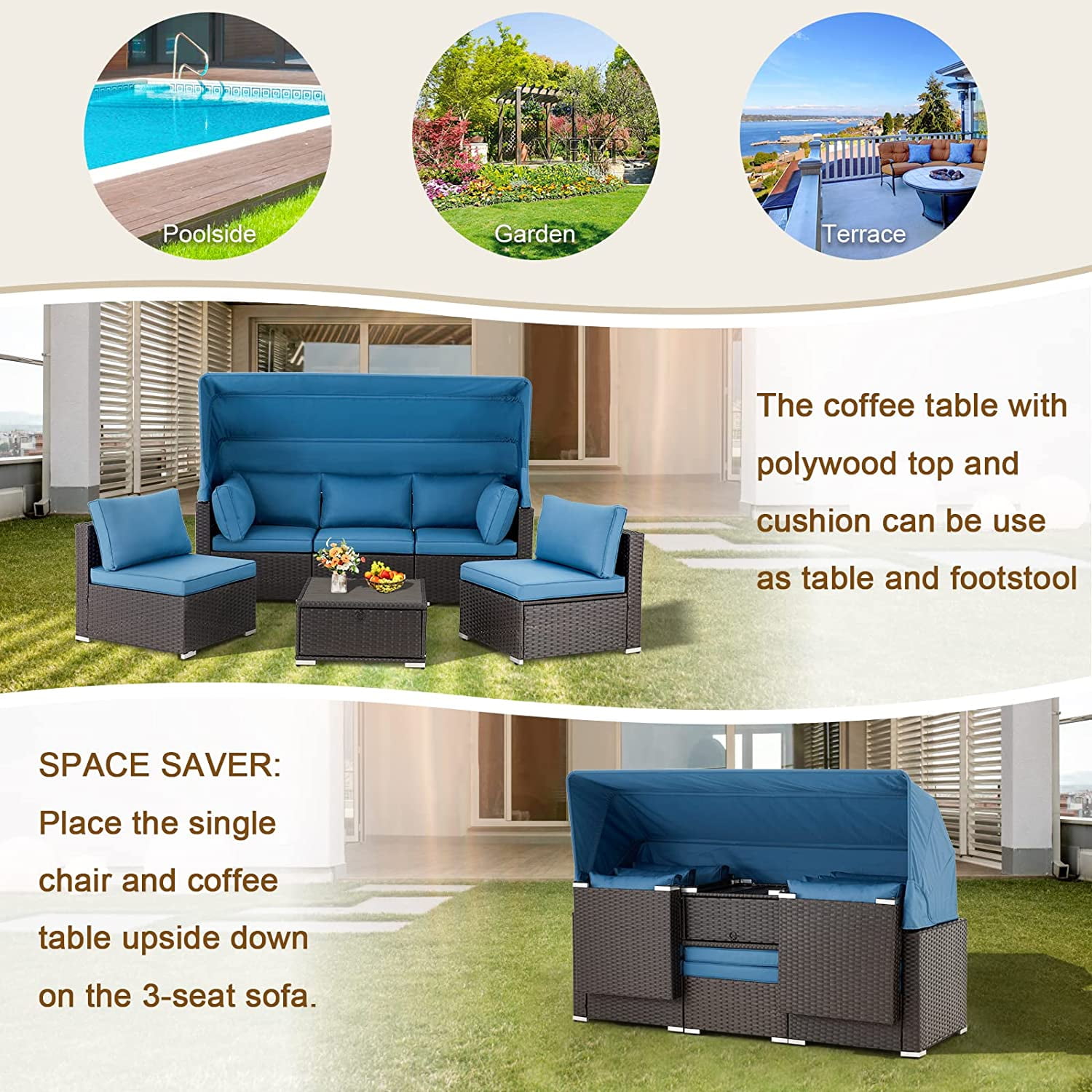 Vicluke 6 Pieces Patio Furniture Sets, Rattan Daybed with Retractable Canopy, Outdoor Sectional Sofa Set with Adjustable Backrest, Chaise Chair Sunbed for Garden Poolside Backyard（Blue）
