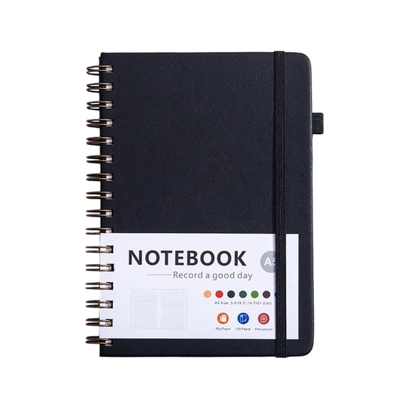 Notebook with Elastic Hardcover Lined Journal, Flat-Lay Coil Binding, Thick Ink-Proof Paper, Pen Loop and Closure Strap, Portable Business Diary Notepad for Office, Meeting