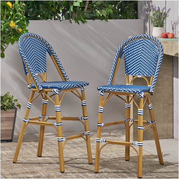 JERFIT 29.5 Inch Outdoor Bar Stools Set of 2, PE Wicker Cafe Style Bar Height Stools with Aluminum Rust-Proof Frame, Teal Blue and White for Patio, Garden, Bistro