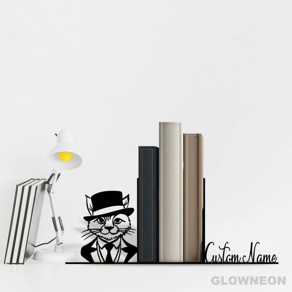 Glowneon Custom Gentlemen Cat Wear Suit Bookend, Book Nook Desk Decor