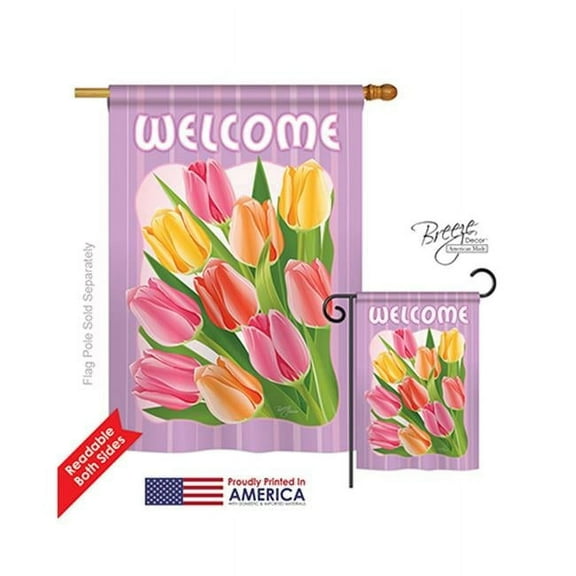 Breeze Decor 04066 Floral Welcome Tulips 2-Sided Vertical Impression House Flag - 28 x 40 in.