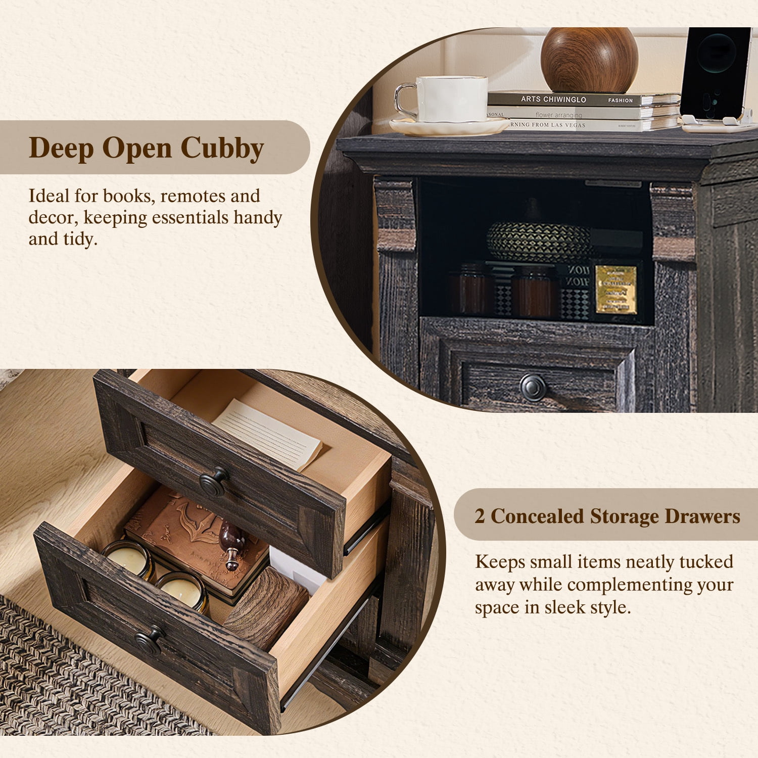 KeyWhat Farmhouse 2-Drawer Nightstand with Charging Station, 18" Wooden End Table for Bedroom, Living Room, Dark Rustic Oak