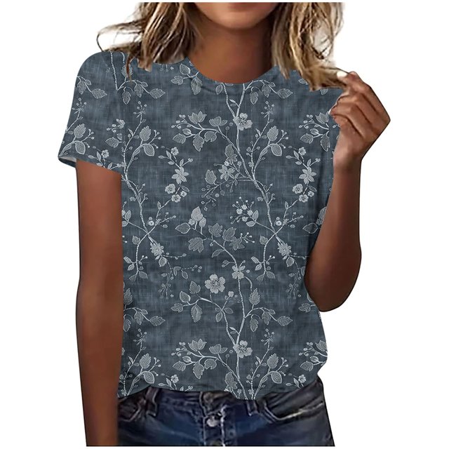 Hauts d'Été pour Femmes DYTTDG Mode Florale Grande Taille T-shirt Col Rond Manches Courtes Tee Décontracté Ample Hauts pour Femmes Liquidation Moins de 10 Multicolore,TG