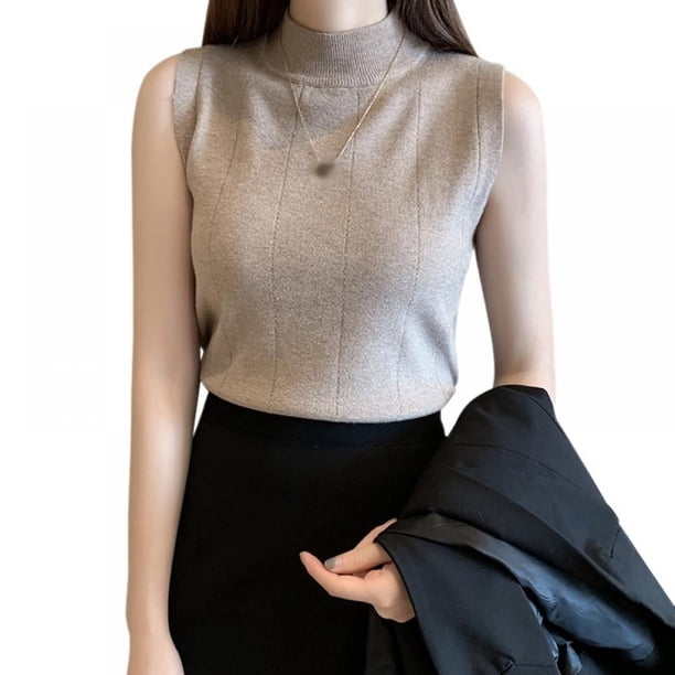Camiseta corta sin mangas de punto ajustada con cuello alto y media tortuga de color liso para mujer