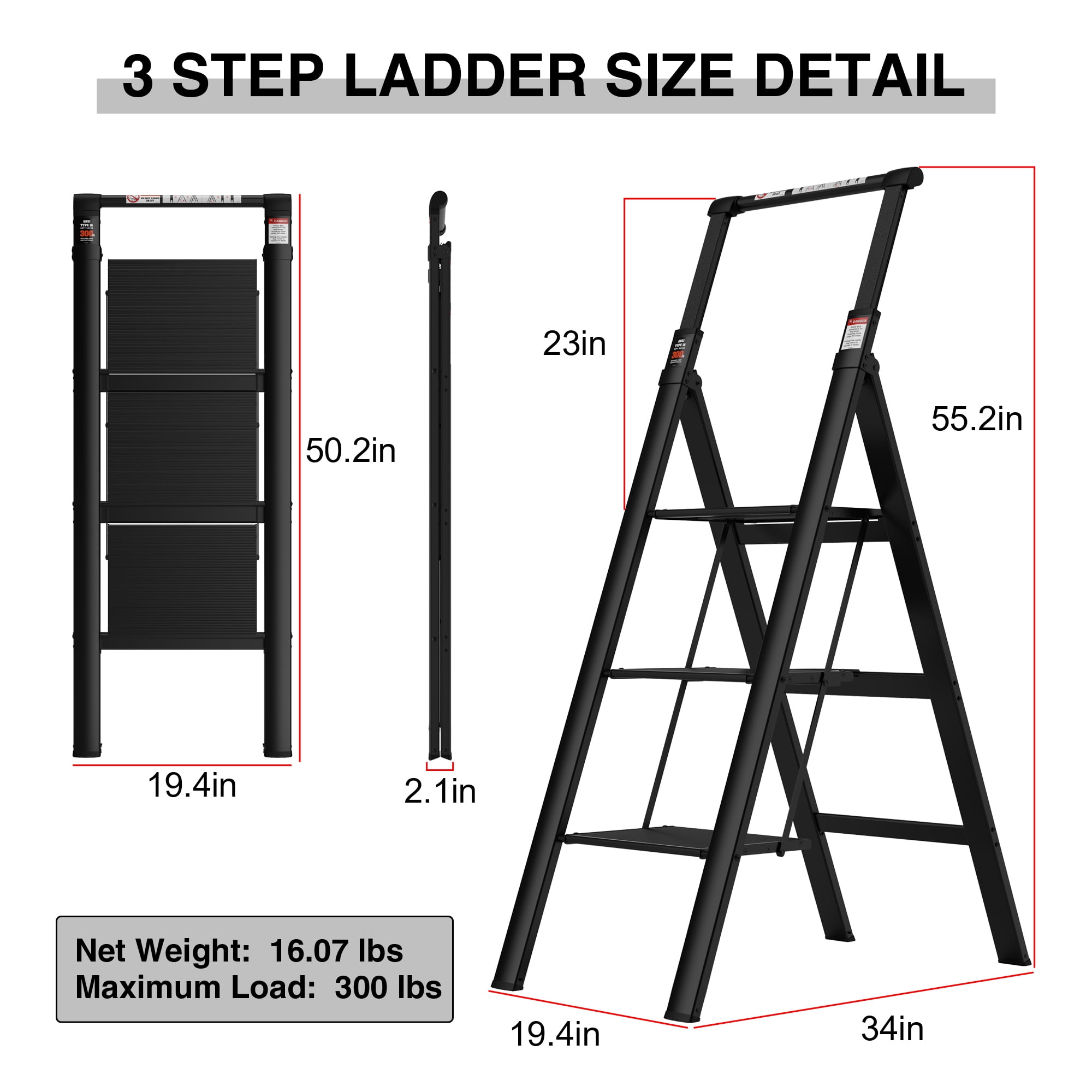 Kadyn Aluminum 3 Step Ladder, Retractable Ladder Folding Step Stool with Anti-Slip Wide Pedal, Portable Lightweight Ladder for Home and Office Use, Black