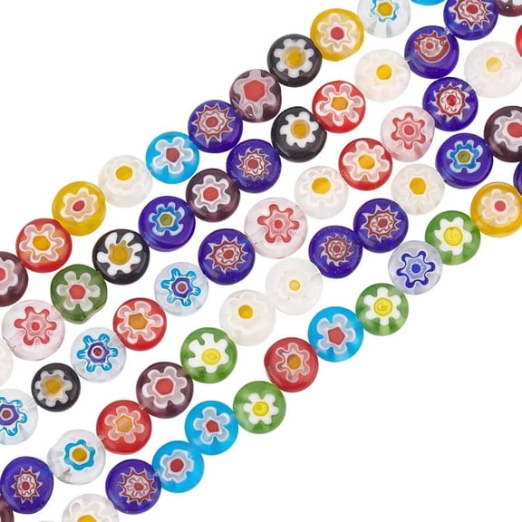 PH 260Pcs 8mm Assorted Lampwork Beads Millefiori Lampwork Glass Beads Loose Bead Flat Round Spacer Bead for Necklace Earrings Jewelry Making 16" Colorful