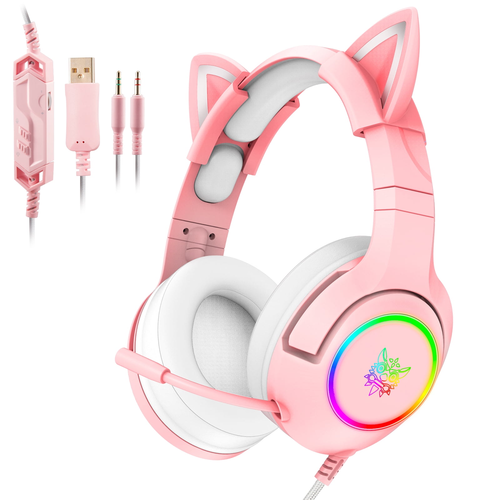 ONIKUMA Wired Pink Gaming Headset with Removable Cat Ears for PS5, PS4, Xbox One (Adapter Not Included), Switch, PC, with Surround Sound, RGB LED Light & Noise Canceling Retractable Microphone - Walmart.com -