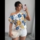 thumbnail image 5 of Blusa de Verano con Estampado Floral Fruncido y Hombros Descubiertos para Mujer. Azul L, 5 of 10