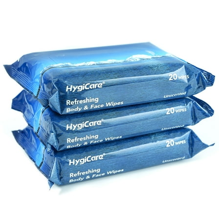 HygiCare Body & Face Wipes Unscented, 60ct, Bamboo, Soft, Ultra Thick, No Rinse, Perfect for Hiking Gym Camping