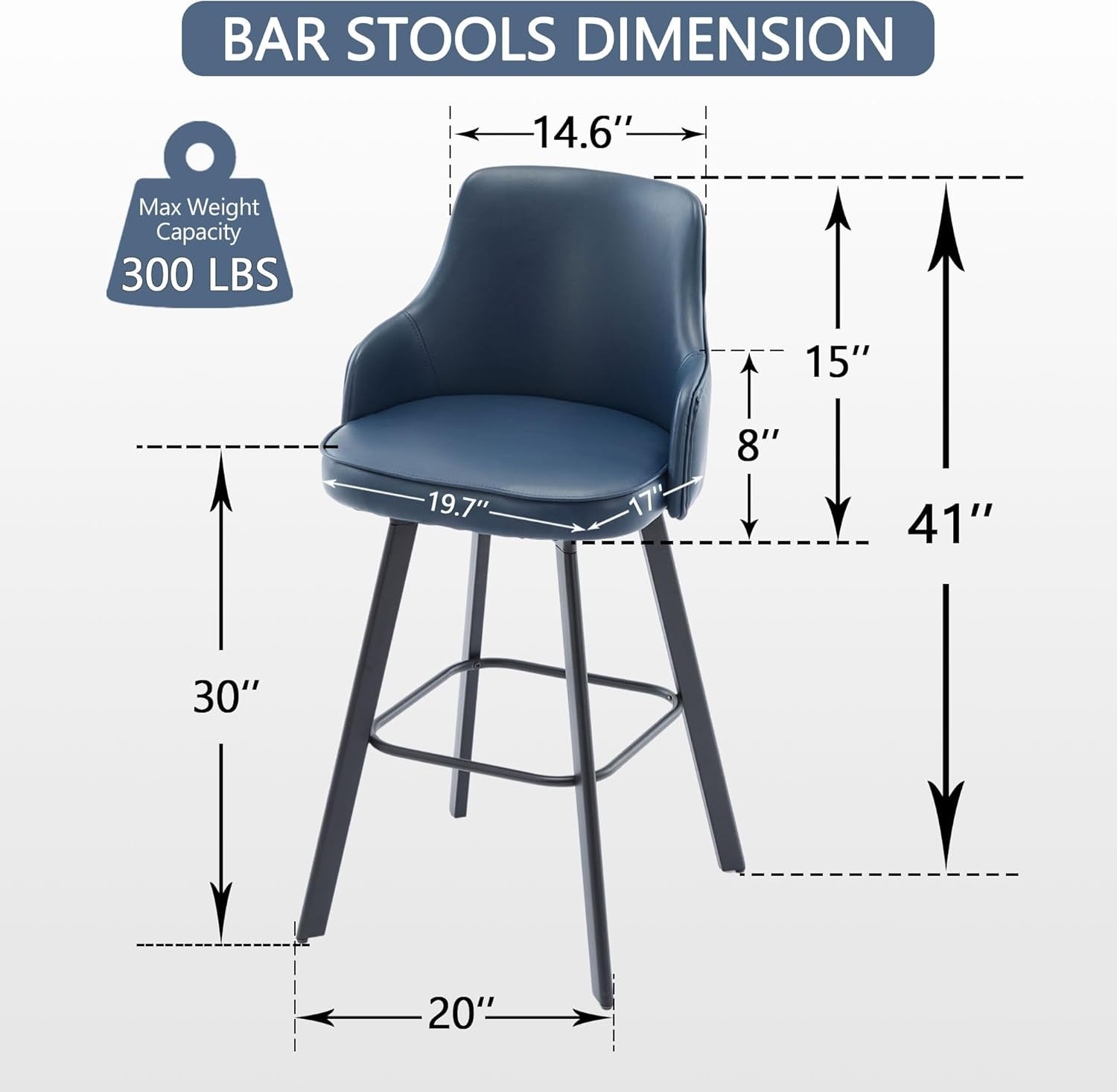 FIRAVOE Bar Stools Set of 3 (High Back) Swivel Barstools (30") Bar Height Bar Stools Faux Leather Bar Chairs for Kitchen Island, Blue