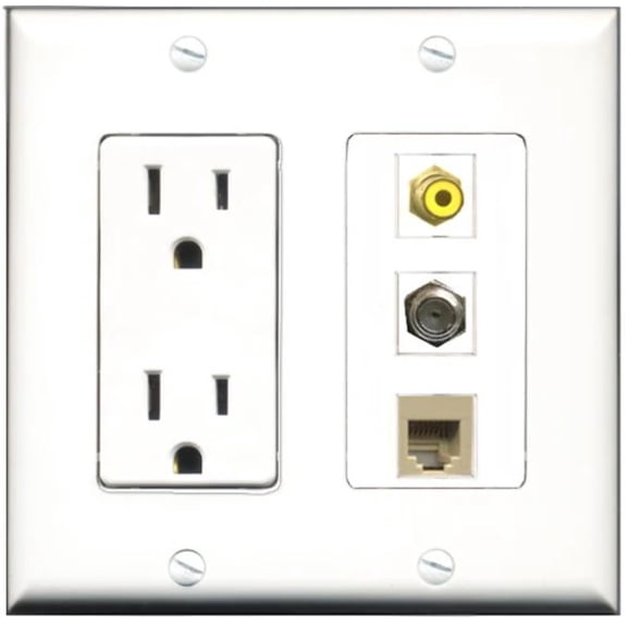 RiteAV - 15 Amp Power Outlet 1 Port RCA Yellow 1 Port Coax 1 Port Phone Beige Decorative Wall Plate
