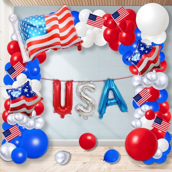 4th of July Balloon Garland Arch Kit Veterans Day Decorations Red White and Blue Balloon with USA Flag Balloons Handheld US Flags Independence Day Star Foil Balloons Patriotic Party Supplies