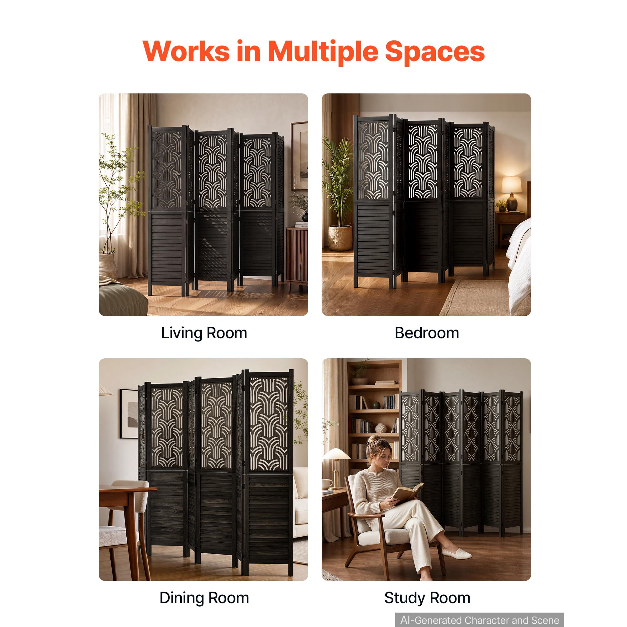 KFFKFF 6-Panel Wooden Room Divider, 67-Inch Folding Privacy Screen for Home Decoration and Space Separation, Durable Frame, Two-Way Hinges, Easy Setup, Louvered Partition with Included Hardware