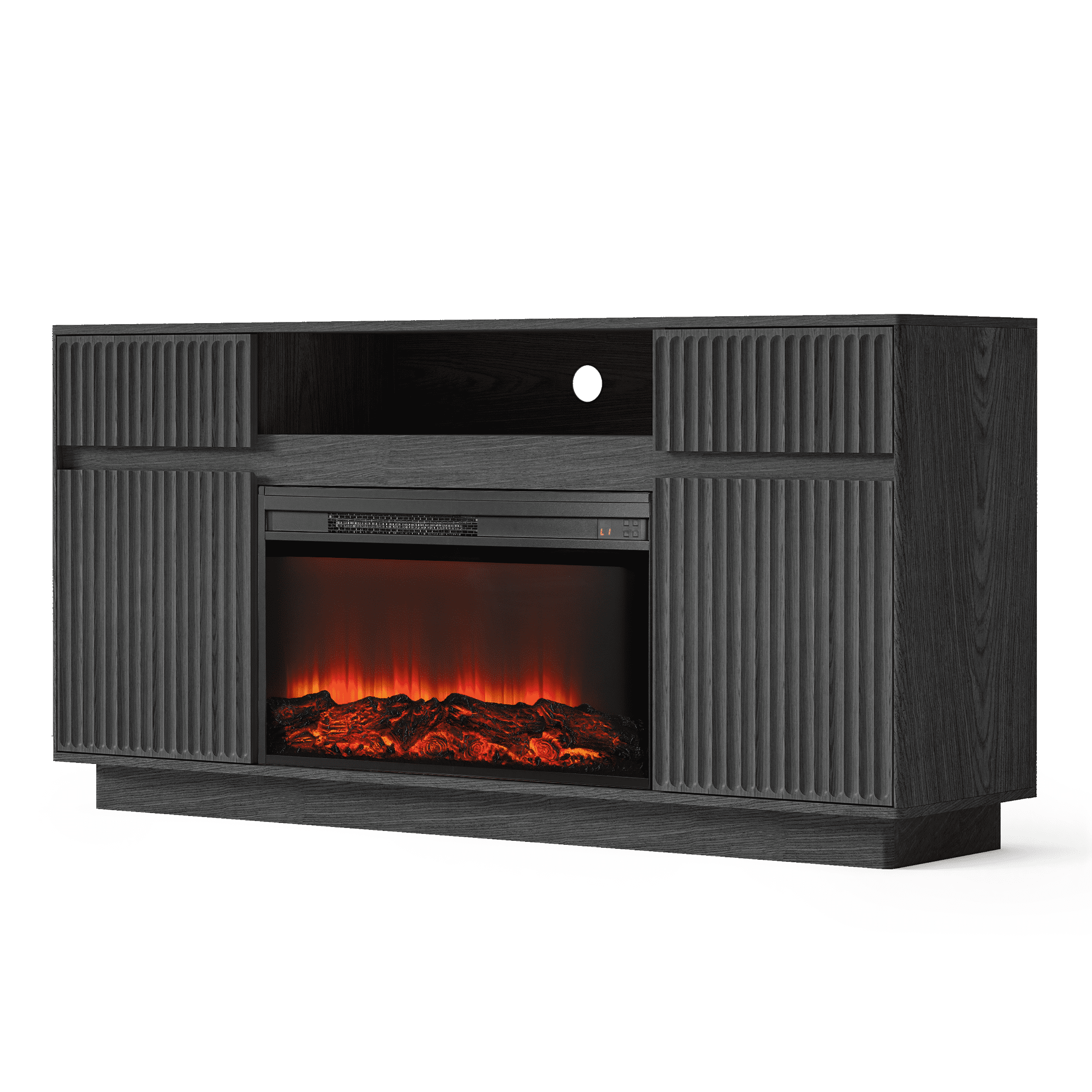 SESSLIFE Fireplace TV Stand for 70 Inch TV, 31'' Tall Mid Century Modern Fluted TV Stand with 2 Cabinets & Drawers, Entertainment Center with 3D Flame Electric Fireplace Heater, Black