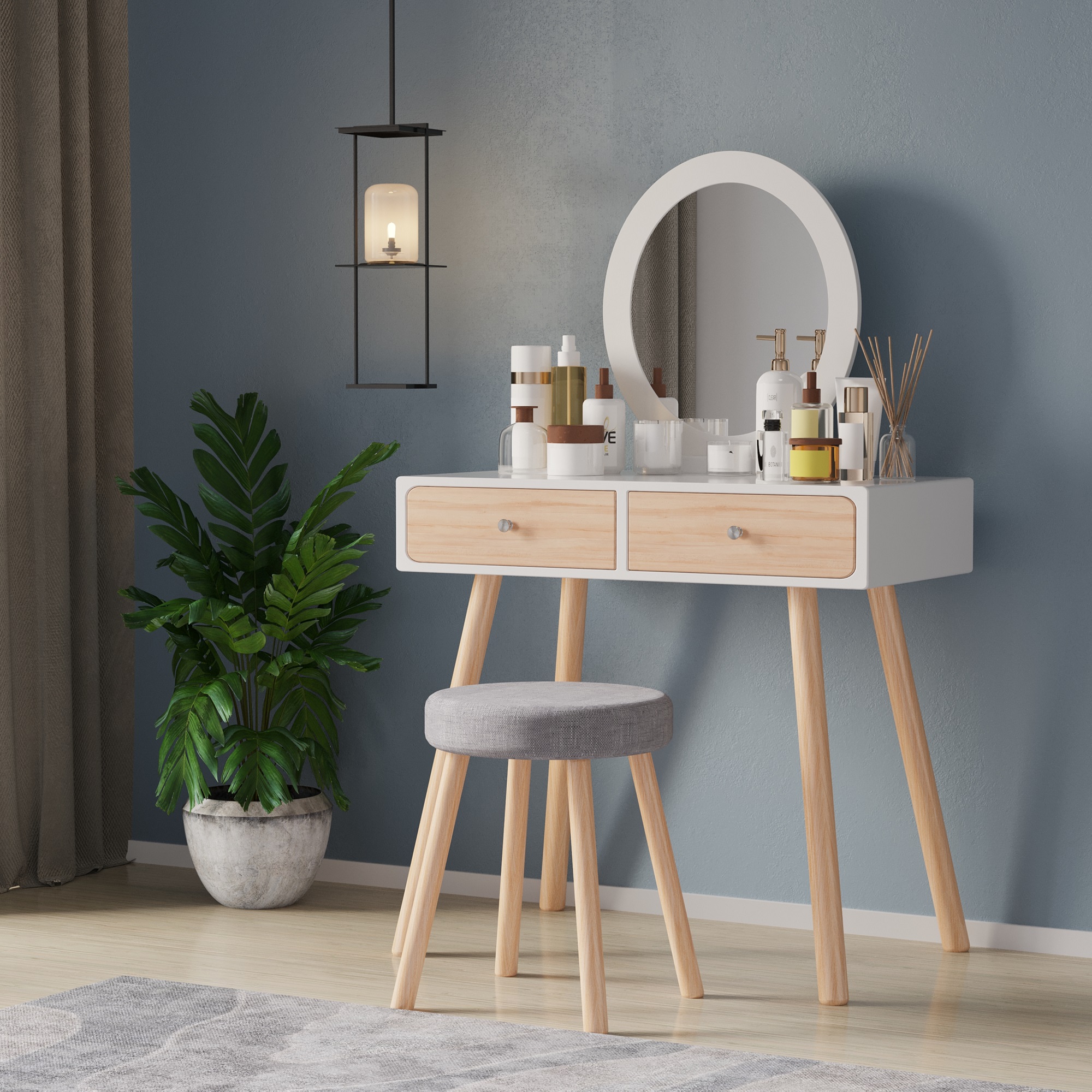 Dressing Table White Makeup Vanity Set with 2 Drawers Round Mirror
