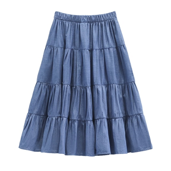 Girl's Denim Midi Skirt Ruffle Hem Elastic Waisted Multilevel Pleated Kids Skirts for 5-14 Years