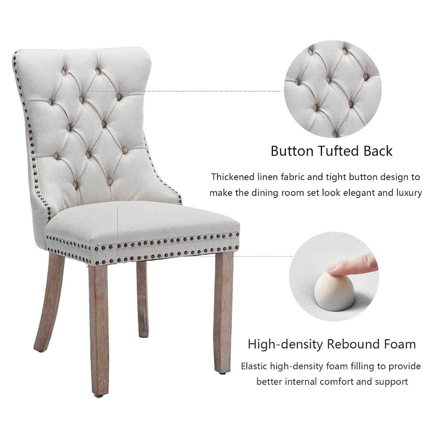 Gewnee Linen Fabric Upholstered Dining Chairs Set of 2 with Rubber Wood Legs,Beige