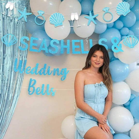 Ocean-themed wedding decoration set - Blue and white shell tassel curtain   Glitter streamers for beach party backdrop decoration