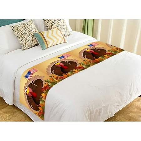 Gckg Autumn Leaves Bed Runner Happy Thanksgiving Day Turkey Bed Runners Scarves Bed Decoration 20x95 Inch
