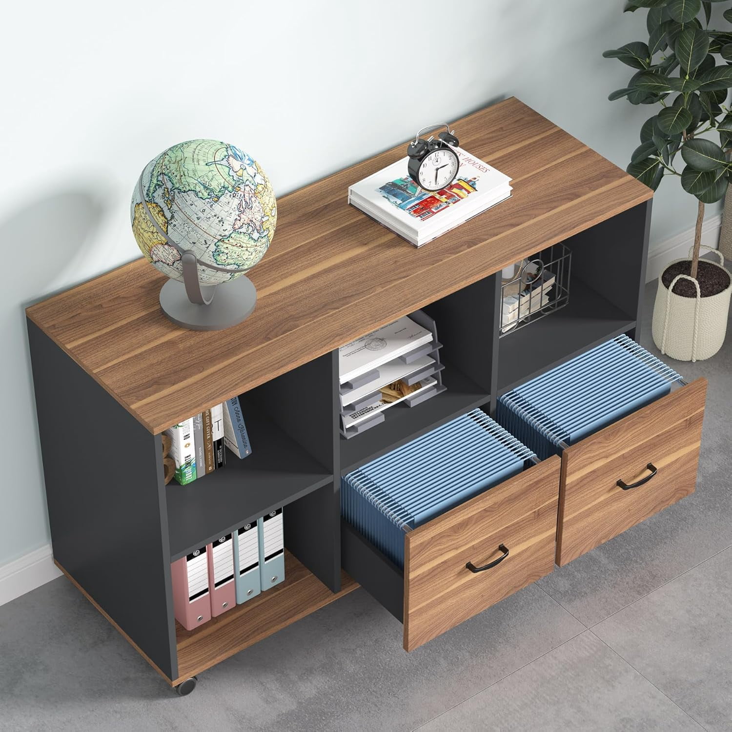 Tribesigns Mobile Lateral File Cabinets with 2 Drawers and 4 Storage Cubes (Brown and Black)