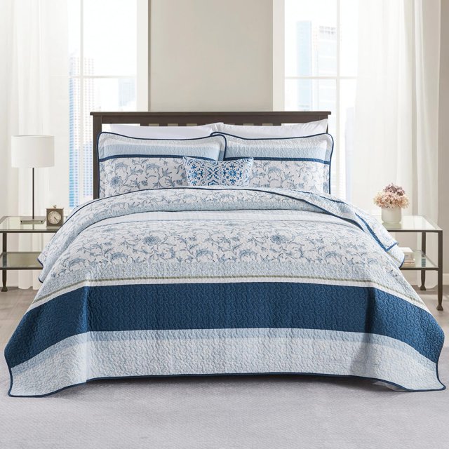 DDUOXIN Edredones King Size a Rayas - Edredón King Reversible Suave 100% algodón con 2 Fundas de Almohada Colcha con Estampado Floral Juego de Cama de edredón liviano Azul Marino/Azul Claro/Blanco