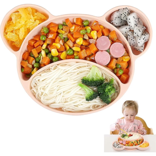 Non-Slip Silicone Plate Bowl Suction Cup Silicone Tableware with Compartments Dishwasher and Microwave Safe (Pink)