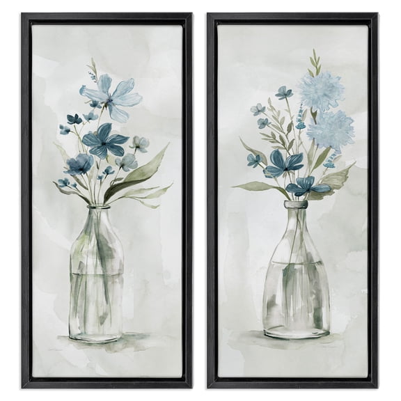 Stupell Industries Elegant Indigo Lilac Flower Jars Botanical & Floral Painting Black Floater Framed Canvas Art Print Wall Art, 15 x 31, Set of 2